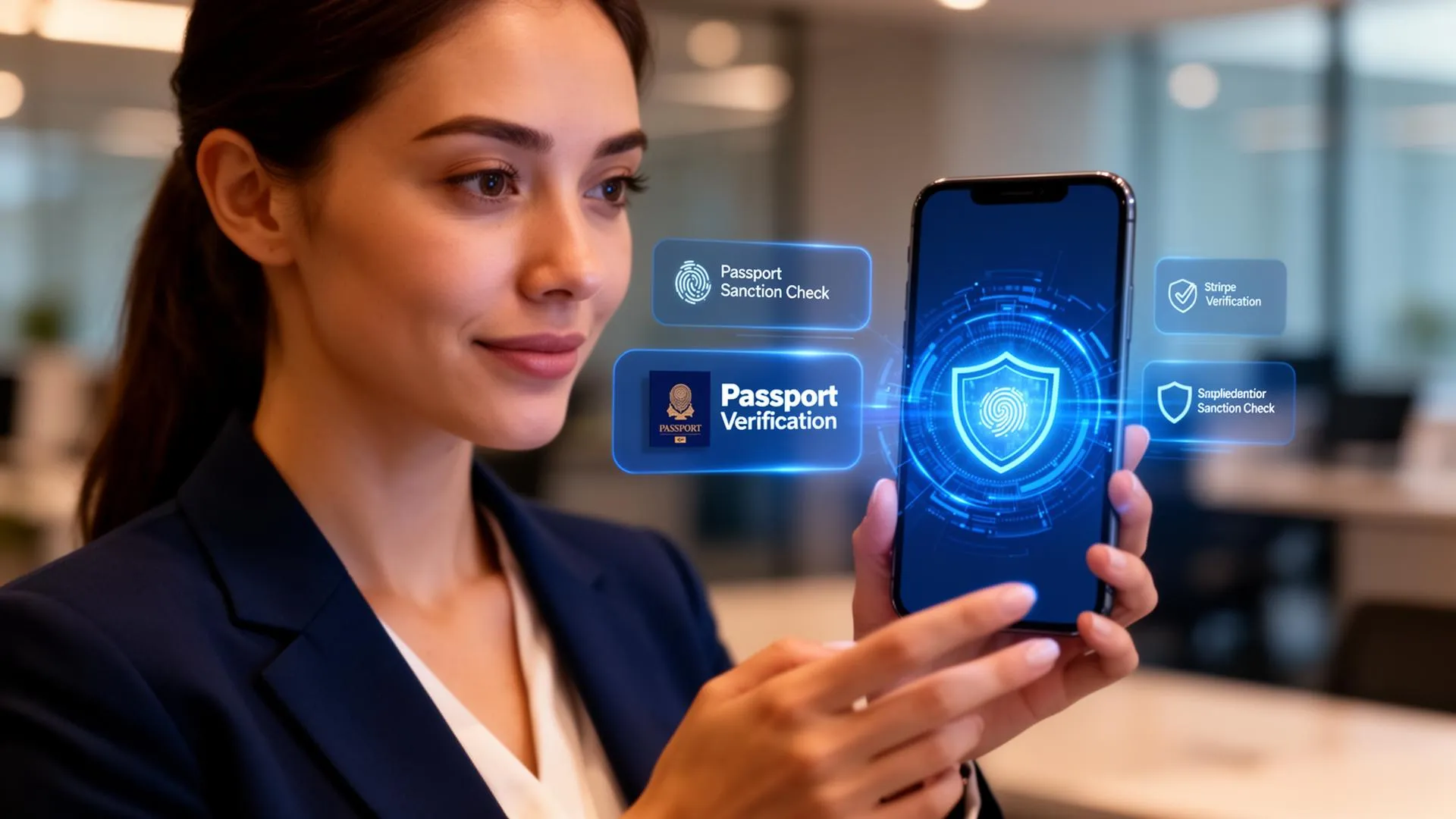 Mobile identity verification flow showing document scan and biometric liveness capture.
