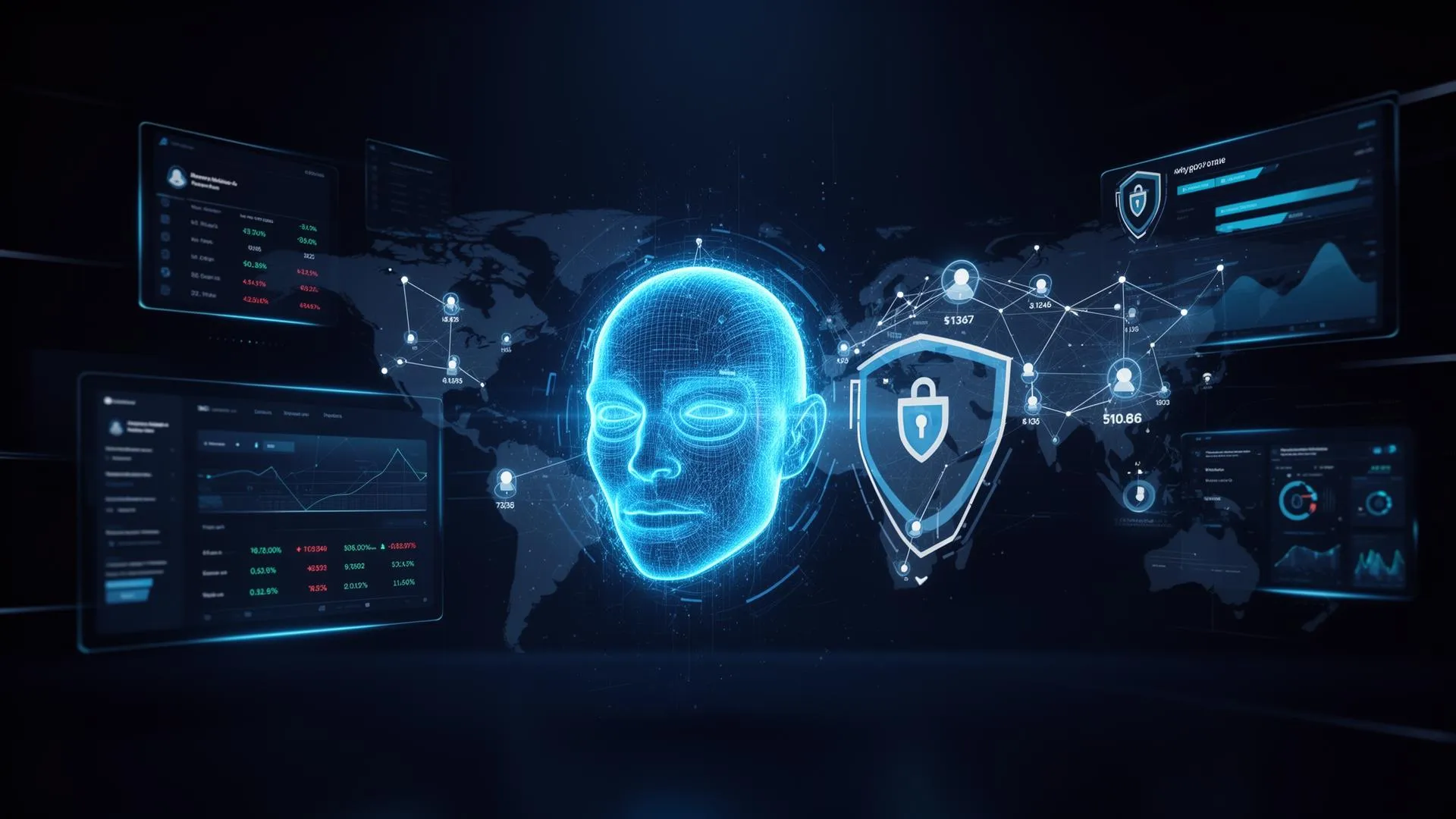 Holographic biometric identity scan over a global compliance command center with live risk dashboards.